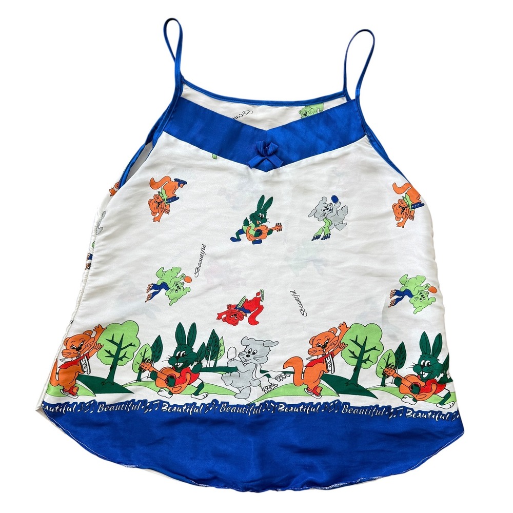 90s Kitschy Cartoon Animal Print Cami Satin Trim Tank Top Blue Small music note